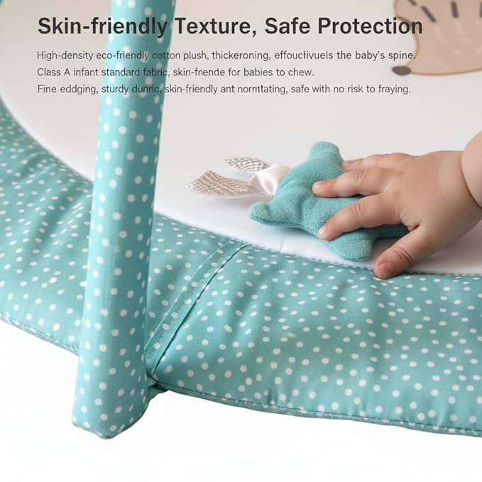 Baby Play Gym Mat & Activity Mat - 100% Cotton Soft Playmat with 6 Detachable Toys for Tummy Time, Machine Washable, Sensory Development Gift (Hedgehogs)