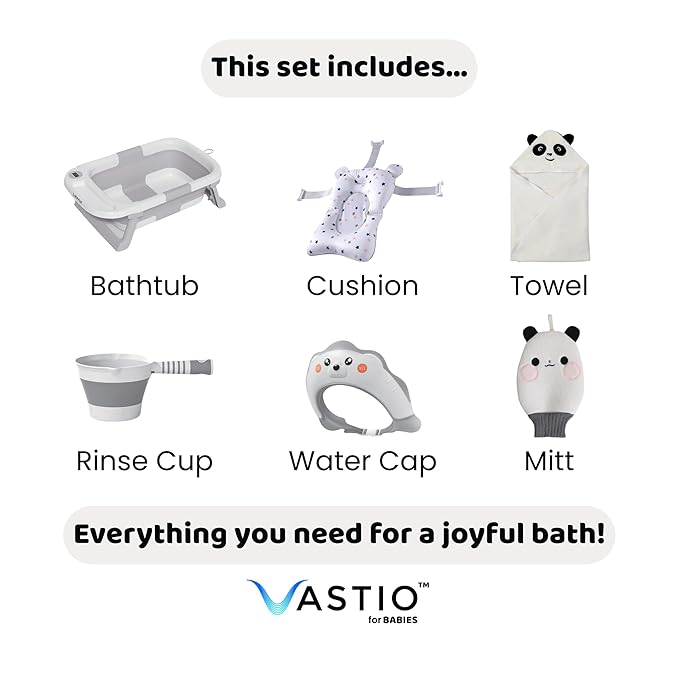 6-in-1 Collapsible Baby Bathtub Set with Thermometer, Foldable Infant Tub for Newborn to Toddler, Portable Bath Set with Cushion, Rinse Cup, Cap, Towel & Mitt, All-in-One Baby Bath Essentials