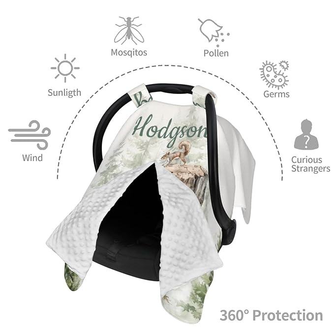 Personalized Baby Car Seat Canopy with Name – Custom Woodland Bear Minky Nursing Cover for Boys & Girls, Soft Stroller Cover for Infants & Newborns, Carseat Canopy for Breastfeeding