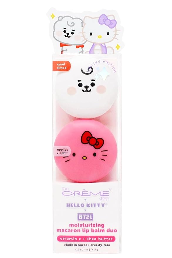 The Creme Shop x Hello Kitty x BT21 Baby Vitamin E, Shea Butter, Natural Oils for Deep Moisturization On-the-go Lip Care Solution Duo Macaron Lip Balm – RJ