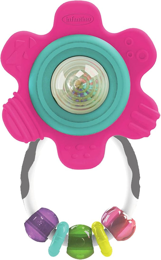 Infantino Spin & Teethe Gummy Pink Flower Rattle - Easy to Grab, Chewy Rings, Multi-Texutre Petals, Roller Ball Center - Teething & Sensory Play, Ages 0 Months +