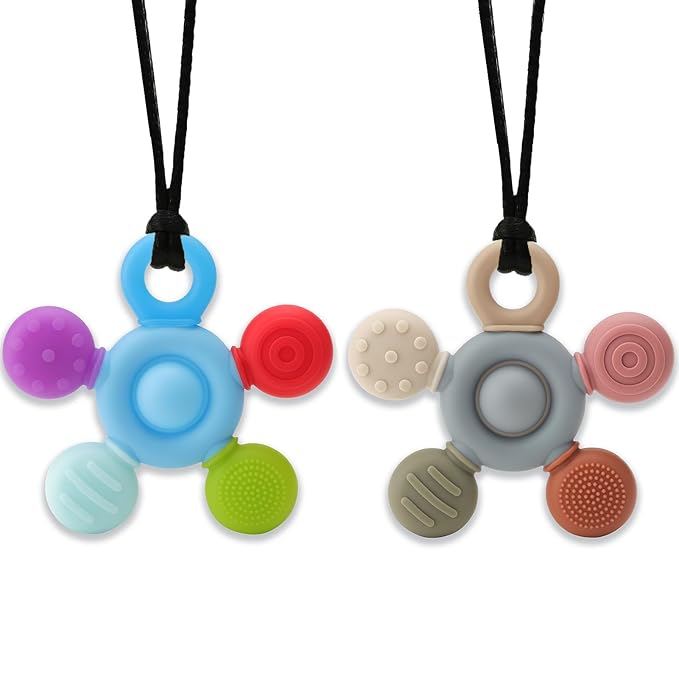 Chewy Necklace for Sensory Kids, Seeway Silicone Sensory chew Necklace Oral Motor Aids for Boys Girls, Autism Chew Toys for Kids Teens Adults with Anxiety ADHD SPD or Other Sensory Needs【Grey+Blue】
