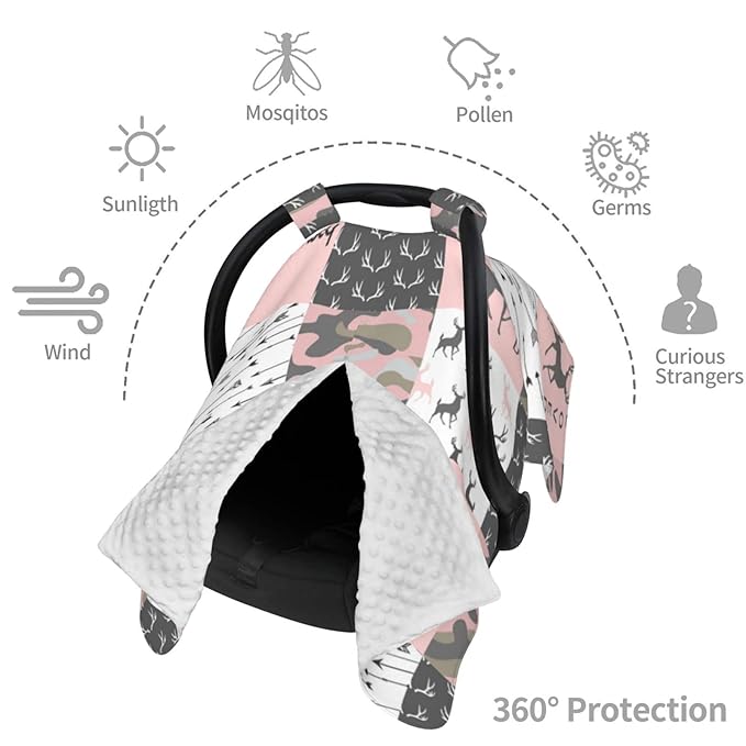 Personalized Pink Woodland Deer Baby Infant Car Seats Canopy for Babies with Name, Custom Multi-use Blankets for Baby Girls, Peekaboo Minky Nursing Breastfeeding Stroller Cover Canopies for Newborn