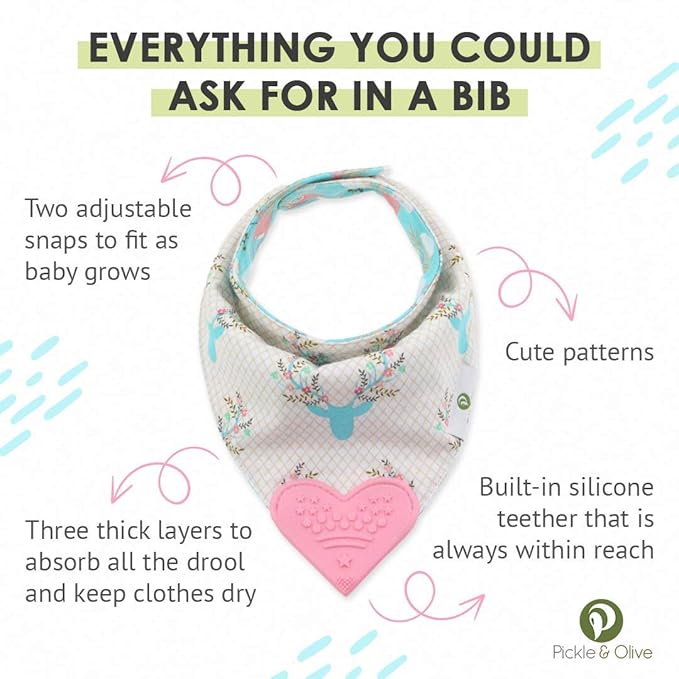 Reversible Baby Teething Bibs - Attached Pink Heart Teether - Boho Antler - Set of 2
