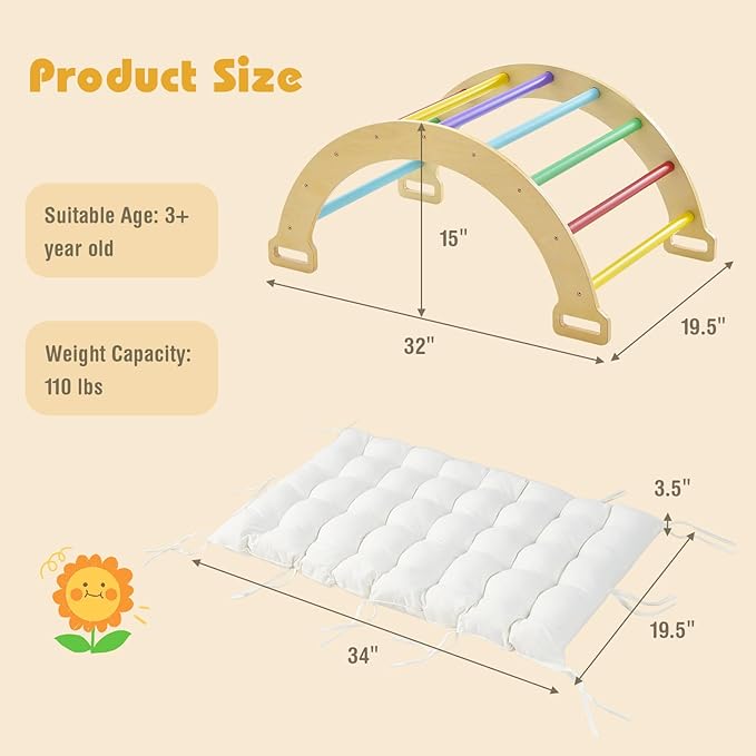 INFANS Wooden Arch Climber Rocker with Soft Cushion, 4 in 1 Montessori Climbing Ladder Toys for Toddlers, Waldorf Indoor Baby Children Ladder Gym Learning Playset Gift for Kids Boys Girls