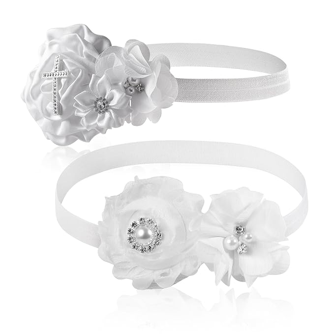 2 Pcs Baby Girls Baptism Christening Headbands Newborn Infant Toddlers Flower Crown Lace Bow Hairband (Cross Rhinestone)