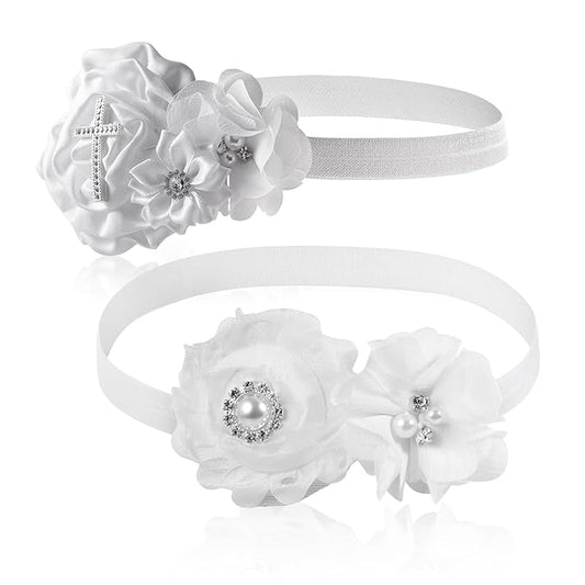 2 Pcs Baby Girls Baptism Christening Headbands Newborn Infant Toddlers Flower Crown Lace Bow Hairband (Cross Rhinestone)