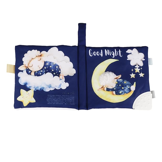 Ali+Oli Baby Cloth Book – Soft Sensory Crinkle Book with Teether for Infants 0-12 Months – Early Learning Touch & Feel Tummy Time Toy – Newborn Shower Gift for Boys & Girls - Good Night