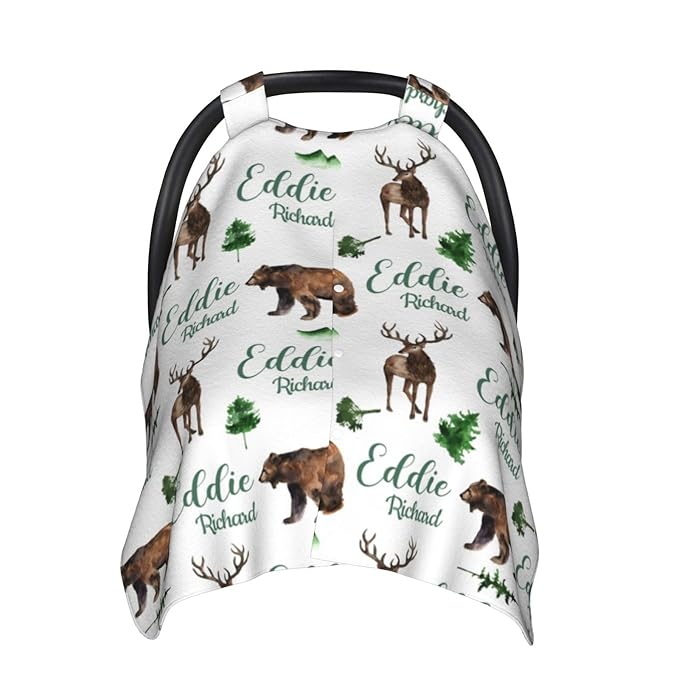 Personalized Baby Car Seat Canopy for Babies, Custom Name Woodland Deer Bear Baby Car Seat Covers for Boys Girls, Opening Minky Nursing Breastfeeding Cover for Infant, Carseat Canopies for Newborn