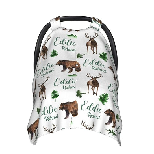Personalized Baby Car Seat Canopy for Babies, Custom Name Woodland Deer Bear Baby Car Seat Covers for Boys Girls, Opening Minky Nursing Breastfeeding Cover for Infant, Carseat Canopies for Newborn
