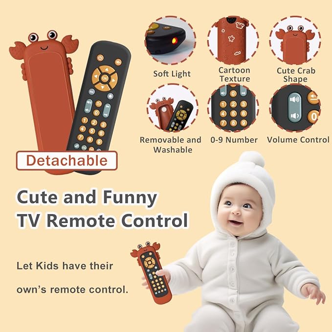 Baby TV Remote Control Toy with Cute Crab Soft Silicone Cover Teething Toy, Realistic Baby Musical Remote Control Toy with Light ＆ Sound, Educational Toys with 3 Language for 6m+Toddlers