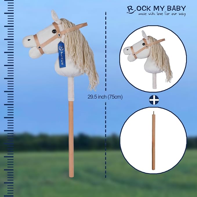 ROCK MY BABY Hobby Horse Plush Stuffed Stick Horse with Award Ribbon for Boys and Girls 3+ Fun Toys for Pretend Play (Cream) CPC Certified