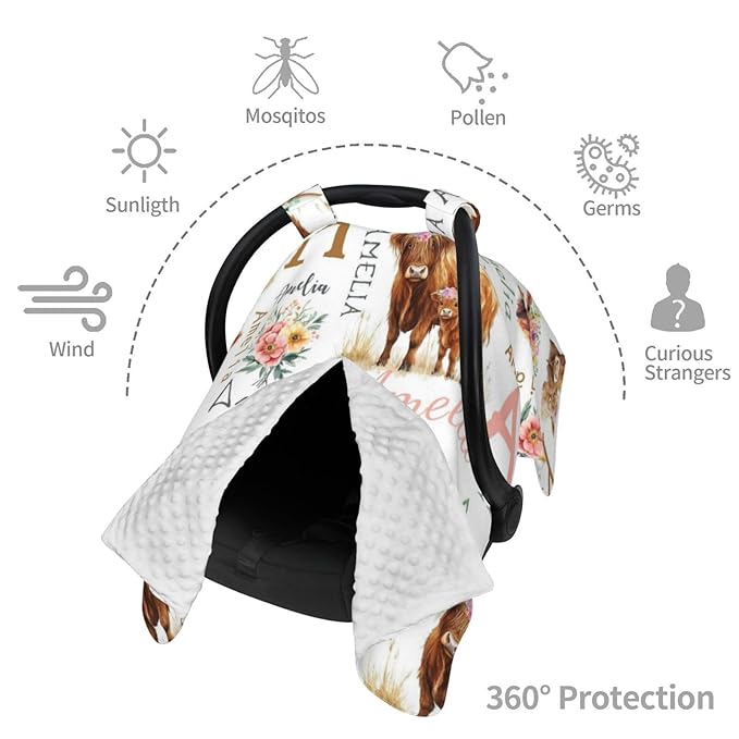 Personalized Highland Cattle Baby Car Seat Canopy for Girls, Custom Name Baby Carseats Cover, Multi-use Nursing Breastfeeding Scarf for Infant Newborn, Cute Cow Strollers Carseat Canopies