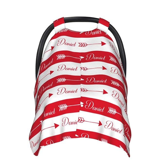 Personalized Baby Name Car Seat Covers with Tribal Arrows, Custom Carseat Canopy, Peekaboo Opening Nursing Wrap Breastfeeding Car Seat Canopies for Baby Boys Girls Newborn (Red Arrow Minky Dot)