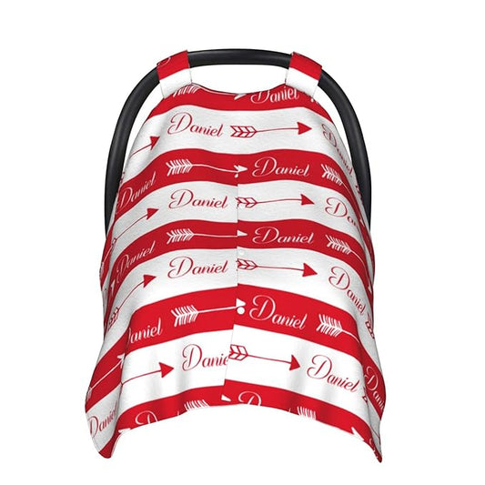 Personalized Baby Name Car Seat Covers with Tribal Arrows, Custom Carseat Canopy, Peekaboo Opening Nursing Wrap Breastfeeding Car Seat Canopies for Baby Boys Girls Newborn (Red Arrow Minky Dot)