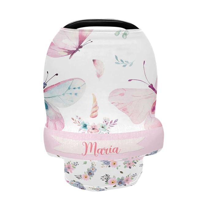 Personalized Baby Car Seat Cover for Girls, Custom Nursing Covers for Breastfeeding with Name, Infant Stroller Cover, Baby Carseat Canopy for Newborn, Multiuse Car Seat Canopies, Floral Butterfly