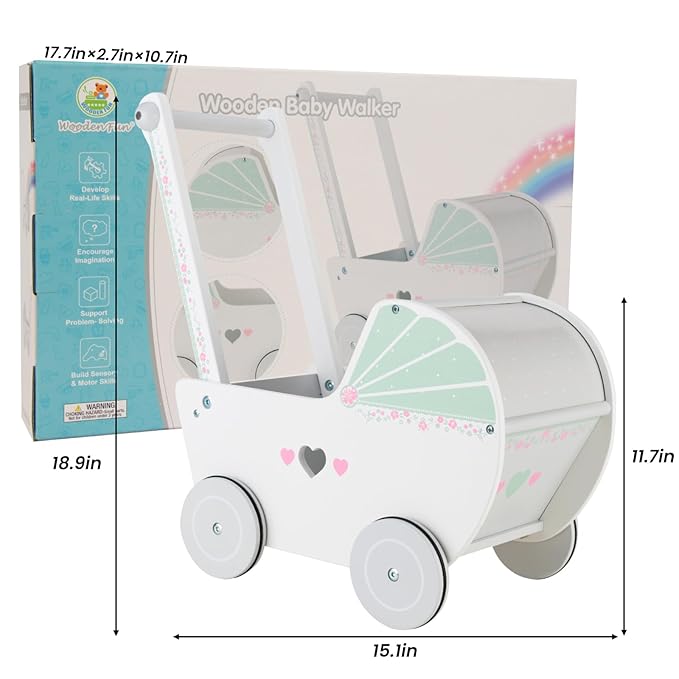 WOODENFUN Wooden Baby Push Walker for 1 Year Old and up, Toddler Shopping Cart Push Toys for Boys Girls