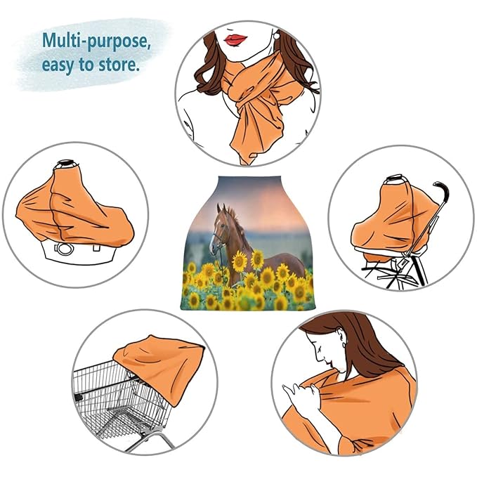 Horse Sunflowers Baby Car Seat Covers, Nursing Cover Breastfeeding Scarf Soft Breathable Stretchy Coverage, Infant Stroller Cover for Boys Girls