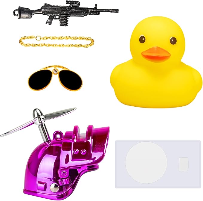 wonuu Rubber Yellow Duck Car Ornaments Cool Duck Car Dashboard Decorations with Propeller Helmet Sunglasses (Colorful Pink-Yellow G)