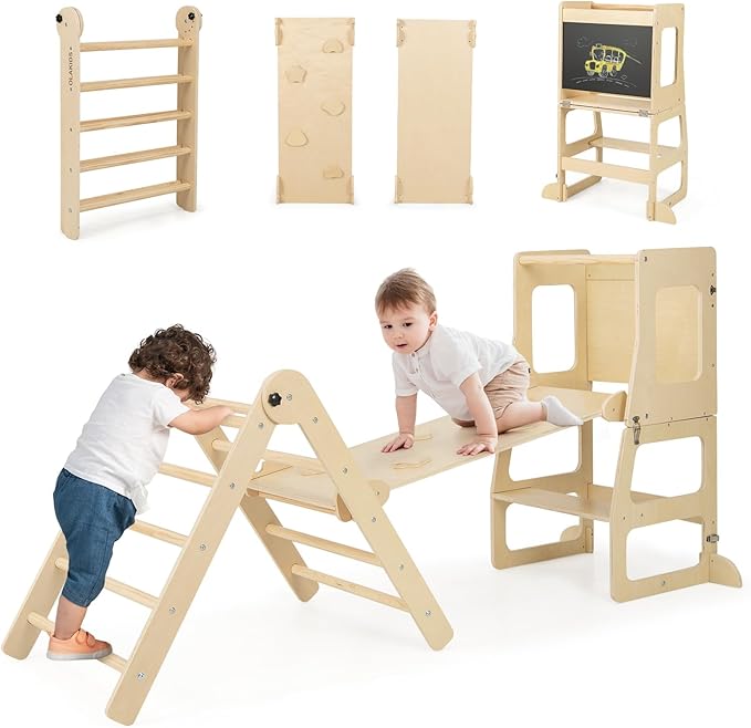 Olakids Pikler Triangle Set 8 in 1 Climbing Toys for Toddlers Foldable Wood Montessori Jungle Gym with Toddler Tower Angle Adjustable Ladder Ramp Slide Indoor Kids Playground Climber