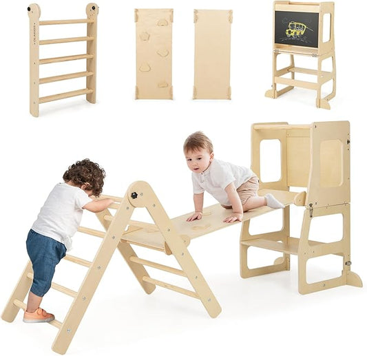 Olakids Pikler Triangle Set 8 in 1 Climbing Toys for Toddlers Foldable Wood Montessori Jungle Gym with Toddler Tower Angle Adjustable Ladder Ramp Slide Indoor Kids Playground Climber