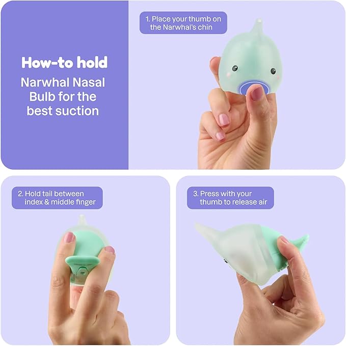 Playhouse MD Booger Buddy Nasal Aspirator Bulb, Narwhal - with LED Light for Babies & Toddlers – BPA-Free Snot Remover for Infant Stuffy Nose and Congestion Relief – Easy to Clean Design