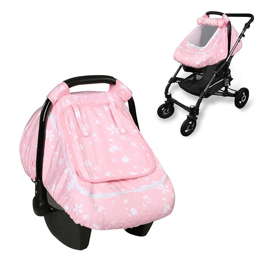 Baby Car Seat Cover for Girls, Infant CarSeat Covers with Mesh Man Fai Sky, Multi-Functional Newborn Canopy Breathable for Summer Winter, Windproof & Universal Fit, Flower