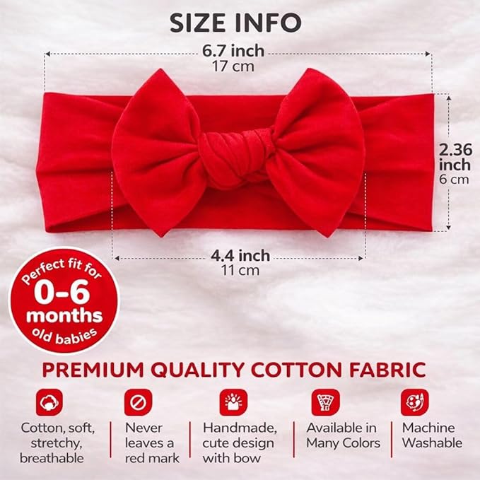 Baby Girl Headbands 0–6 Months – Newborn Infant Soft Cotton Handmade Bow Headband, Stretchy No Mark Baby Hair Accessories (Red, 0-6 Month)