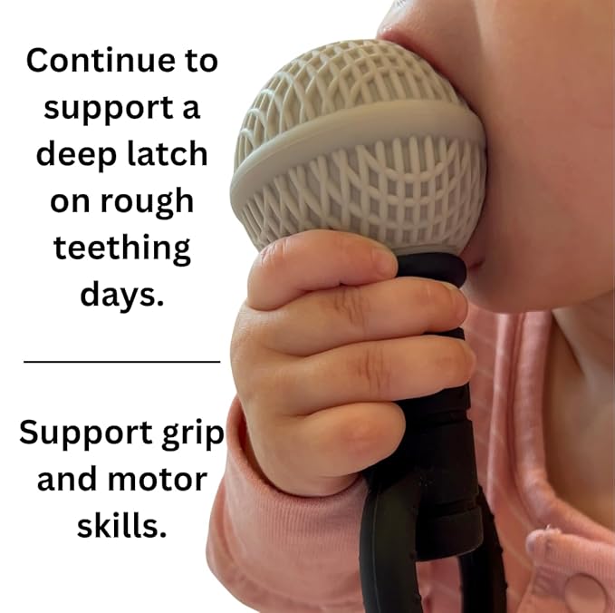 Microphone-Shaped Silicone Baby Teether - BPA Free, with Rattle, Musical/Singing Toy, Dishwasher & Freezer Safe, Easy-to-Grip Teething Shaker Toy for Newborns, Infants, Toddlers. (Gray Black)