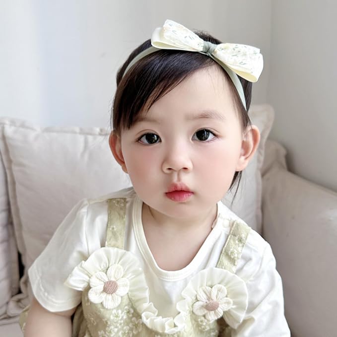 Baby Girls Hairband White Bow Lace Headbands Handmade Soft Stretchy Bowknot Hairbands Newborn Headband with Bows Pearls Elastic Head Band for Newborn Infant(Green Printed Bow)
