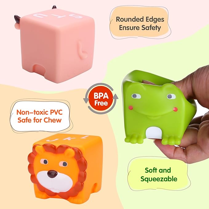 Soft Baby Blocks – Stacking & Building Toys for Babies and Toddlers –12 Pcs No Hole Squeeze Animal Blocks – Sensory Teething Toys for Infant 6 Months+