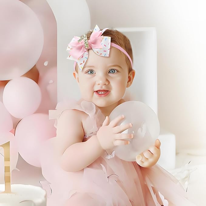 YanJie 4'' Baby Girl Birthday Hair Bow for 1 Year Old Newborns Sprinkle Glitter Birthday Infant Headbands Hair Accessories with Pink Frosting Bows