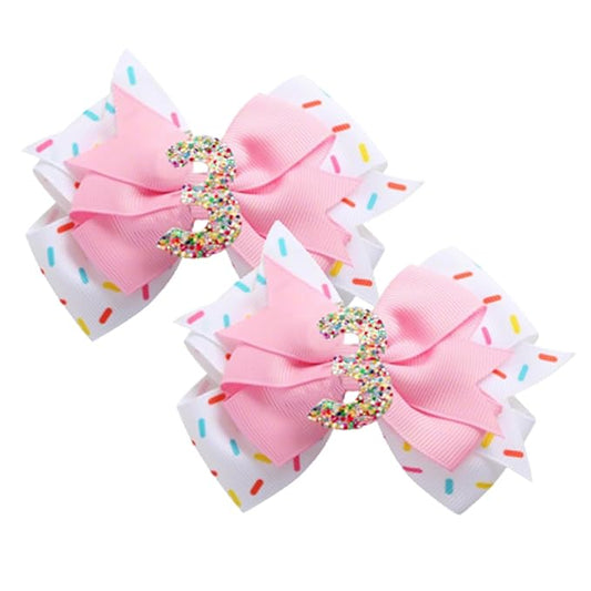 2 Pack 3rd Birthday Hair Bow for Girls, Pink Hair Clips Hair Accessories for Girls 1 2 3 4 5 6 Years Birthday Confetti Ice Cream Party Supplies Decorations