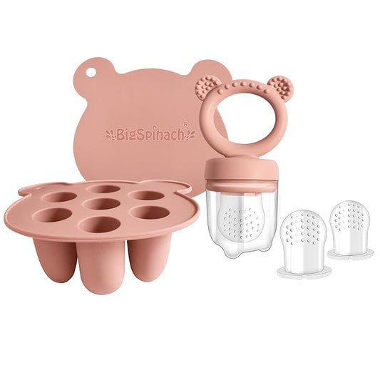 BIGSPINACH Baby Food Storage Containers & Teething Toys Set - Silicone Feeder Tray for Babies 3-18 Months, Breastmilk Popsicle Molds, Pacifier Holder