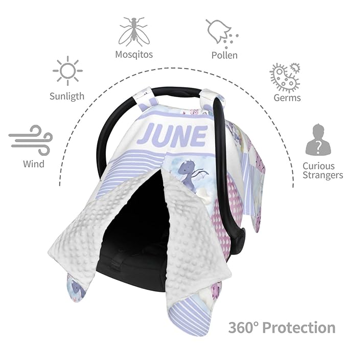 Personalized Baby Car Seat Canopy for Babies with Name, Custom Car Seat Covers for Girls, Flying Dragon Purple Nursing Breastfeeding Stroller Cover Infant Carseat Canopies for Newborn