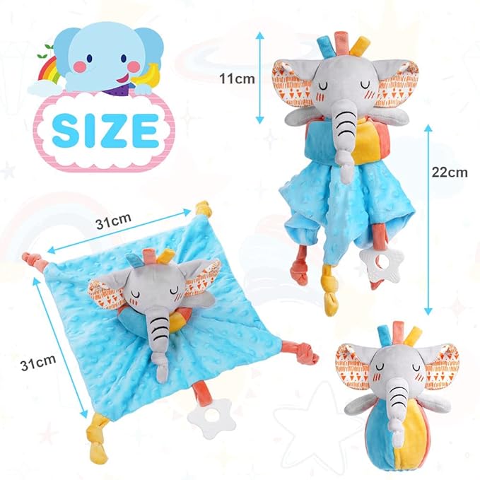 Vicloon Elephant Baby Security Blanket, 3IN1 Plush Baby Security Blanket with Tags&Teether, Babies Security Blanket for Boys&Girls, Security Blanket for Nursery Strollers, Cribs, Car Seats(Blue)