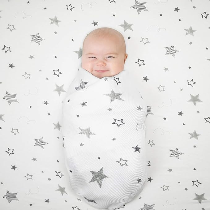 American Baby Company 100% Natural Cotton Fitted Pack and Play Sheet 39" x 27" - Soft & Breathable Pack N Play Sheet for Playpen, Playard & Mini Crib Mattress, Super Stars, for Boys & Girls