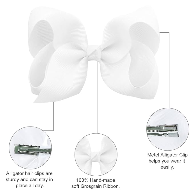 DEEKA 16 PCS 4" Hand-made Hair Bow Grosgrain Ribbon Solid Color Hair Bow Alligator Clips Hair Accessories for Little Teen Toddler Girls -White