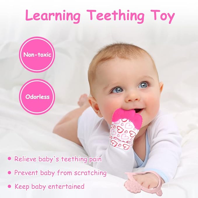Vicloon Silicone Teething Mitt, 2Pcs Baby Teething Mitten with Adjustable Strap, Crinkle Sound and Textured, Self Soothing Baby Chew Toys for 0-6 Month Infant