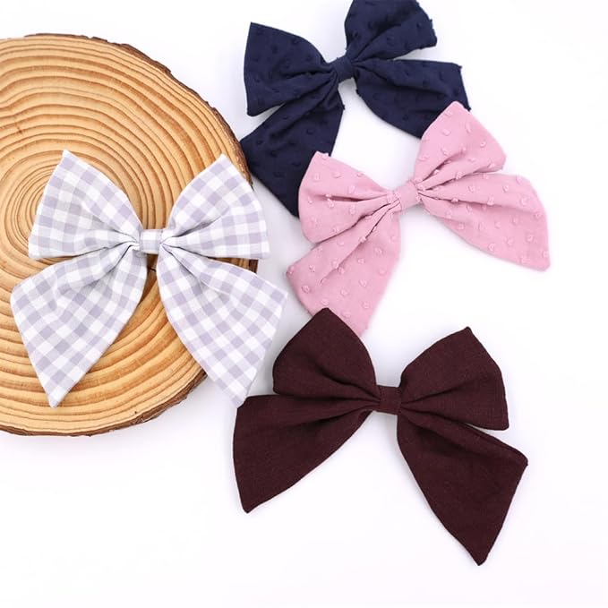 4 PCS Sailor Bow Hair Clips for Kids Girls Women Linen cotton Hair Bow Alligator Clips Baby Toddler Girl Mom Hair Accessories (Mauve/Wine)