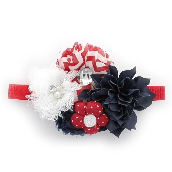 My Lello Headband Shabby Fabric Flower Cluster Baby - Infant - Toddler - Girl Stretchy Elastic Navy/Red Chevron