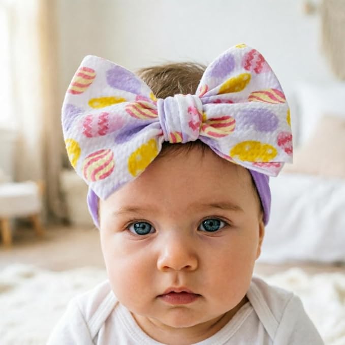 Easter Bunny Headband for Baby Girl, Turban Nylon Elastic Hair Band with Flower Bow, Newborn Infant Toddler Easter Hair Accessories (Y16, FZ)