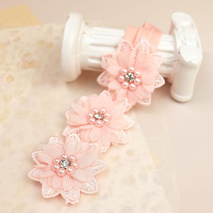 Bethynas White Flower Lace Elastic Headband for Baby Girls Floral Baptism Christening Toddler Hairband Infant Flower Pearl Birthday Party Hair Accessory for Newborn Girl (Pink)