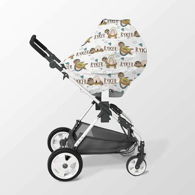 Personalized Baby Car Seat Cover Stroller Canopy: Custom Name Newborn Baby Boy Girl Elastic Turtle Nursing Cover for Moms First Birthday Gift Green(one Size)