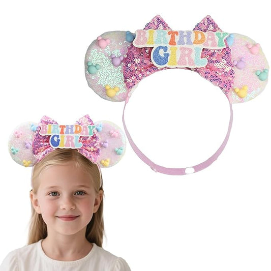 Adjustable Birthday Girl Mouse Ears Headband, Beaded Elastic Hair Bow Hairband for Girls Toddler, Kids Party Festival Supplies