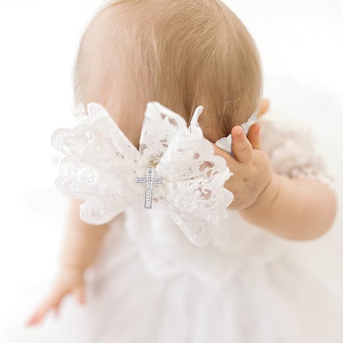 BBTDIN Baptism Christening Headbands Baby Girls Flower Lace Hair Hand White Bow BBG11 (B1-Bow with Cross)