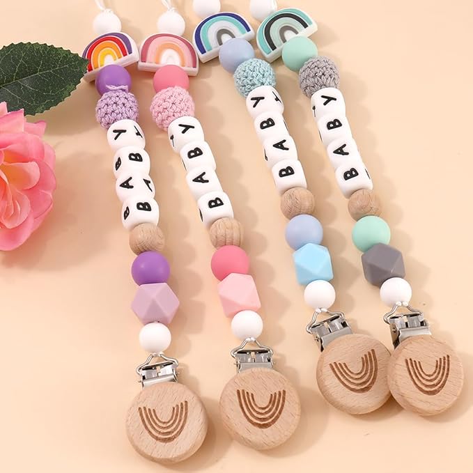 Rainbow Pacifier Chain, Rainbow Pacifier Clip Gift for Baptism or Birth, Newborn with Silicone Letter (Blue)