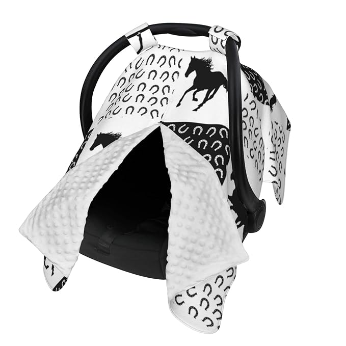 Personalized Running Horses Baby Car Seat Canopy for Babies with Name, Custom Horseshoes Car Seat Covers for Boys Girls, Peekaboo Opening Minky Nursing Cover Infant Car Seat Canopies for Newborn
