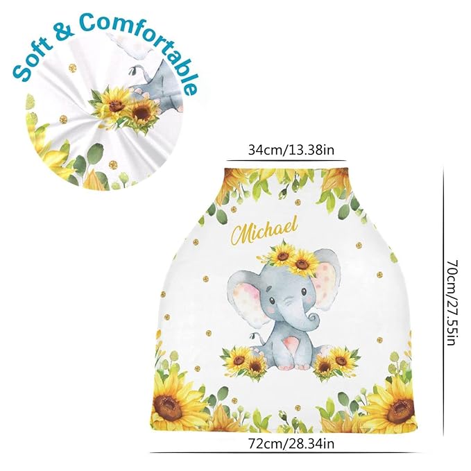 Personalized Baby Car Seat Covers with Name, Custom Nursing Cover Breastfeeding for Babies, Carseat Canopy for Girls and Boys, Infant Stroller Cover, Breathable Carseats Cover (Elephant Sunflower)