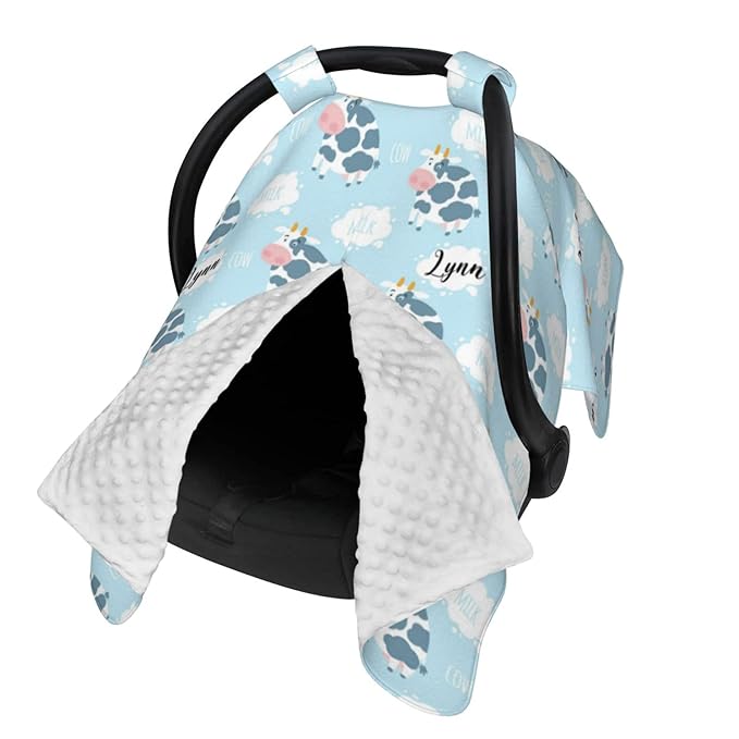 Personalized Cute Cow Milk Baby Car Seat Canopy for Babies with Name, Custom Car Seat Covers for Boys Girls, Peekaboo Opening Minky Nursing Breastfeeding Cover Infant Stroller Canopies for Newborn